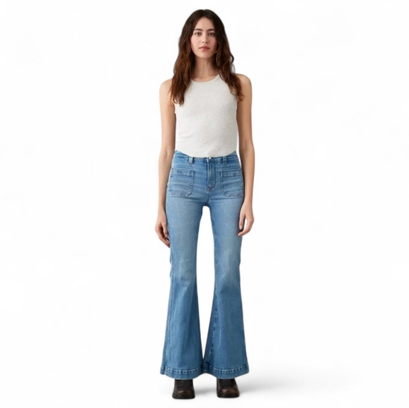 AE Festival 70s Flare Jeans Next Level Stretch High Rise Medium Wash 14 Short - Picture 1 of 13